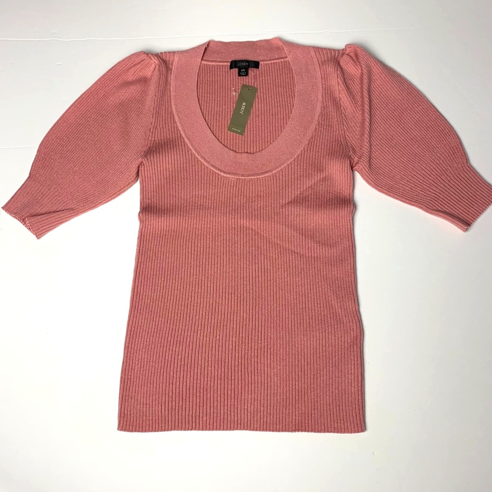 NWT J Crew Puff Sleeve Ribbed Scoop Neck Sweater XS 00 0 2 Pink Rose